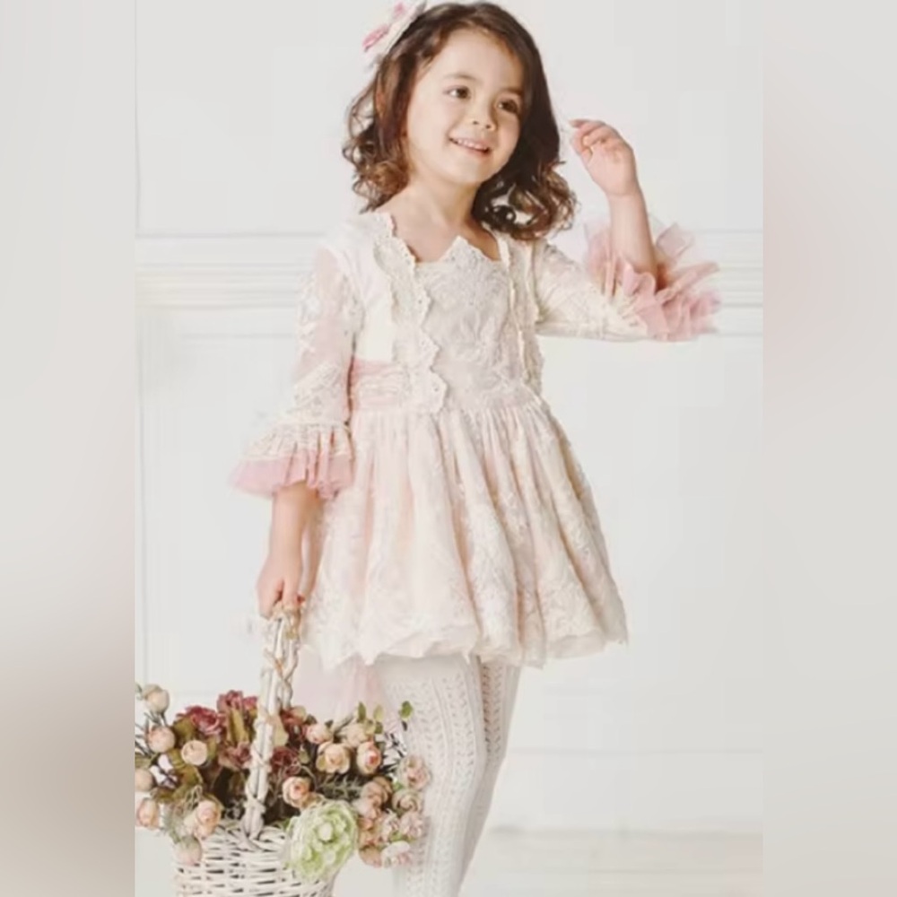 Dolce Petit 3T Spanish Dress Pink Full Party Cotton Lace‎ 3/4 Sleeve
